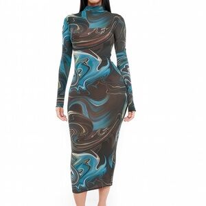 Chic Swirl Long Sleeve Dress - Blue and Brown